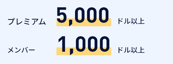 他社からの入庫　プレミアムは1000ドル以上、メンバーは5000ドル以上で条件達成