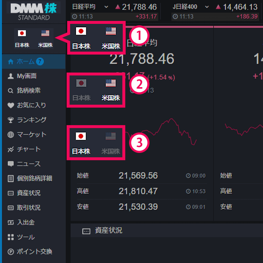 『DMM株 STANDARD』市場選択画面